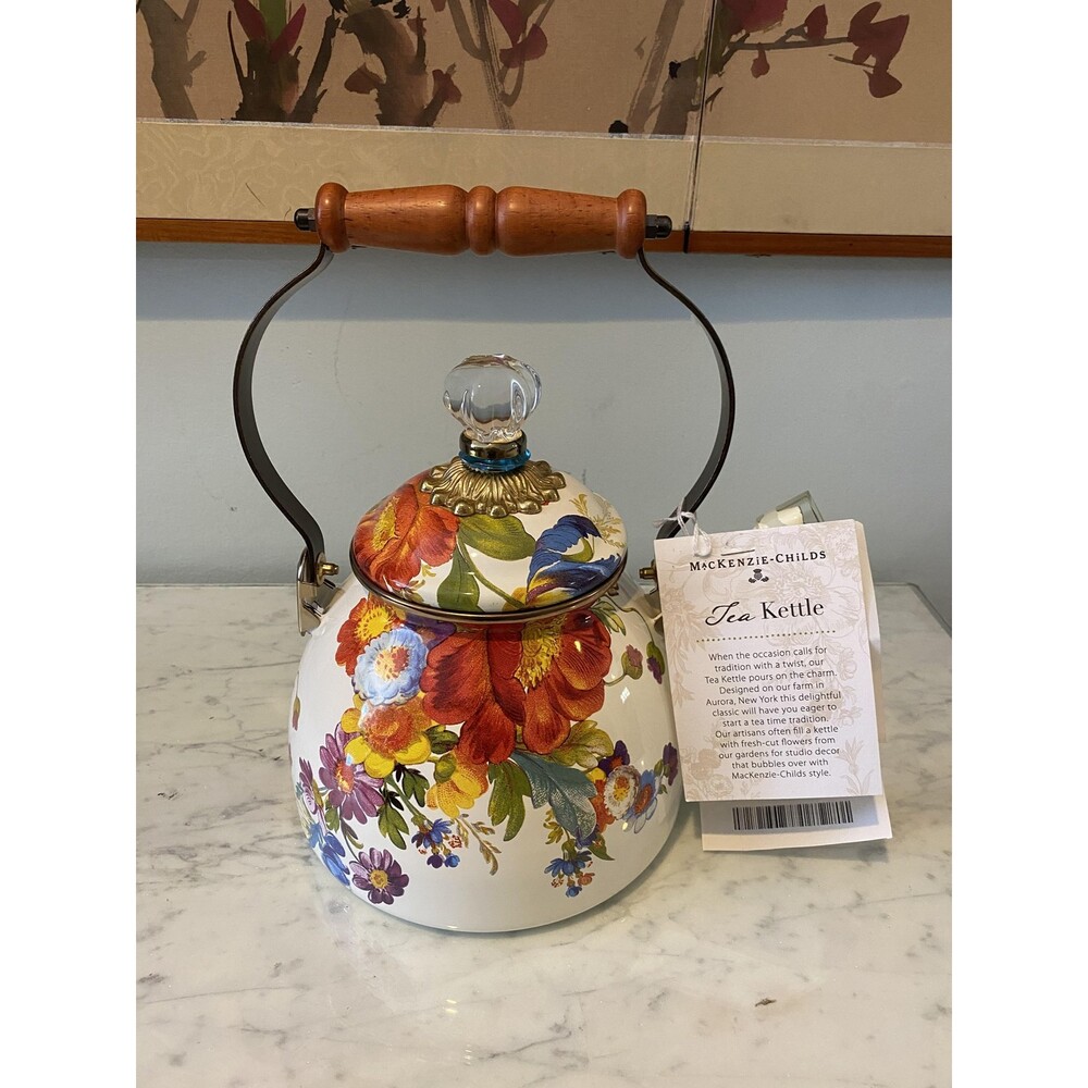 MacKenzie-Childs Flower Market 2 Qt Tea Kettle White Enamel Floral Kitchen Decor - Picture 2 of 4